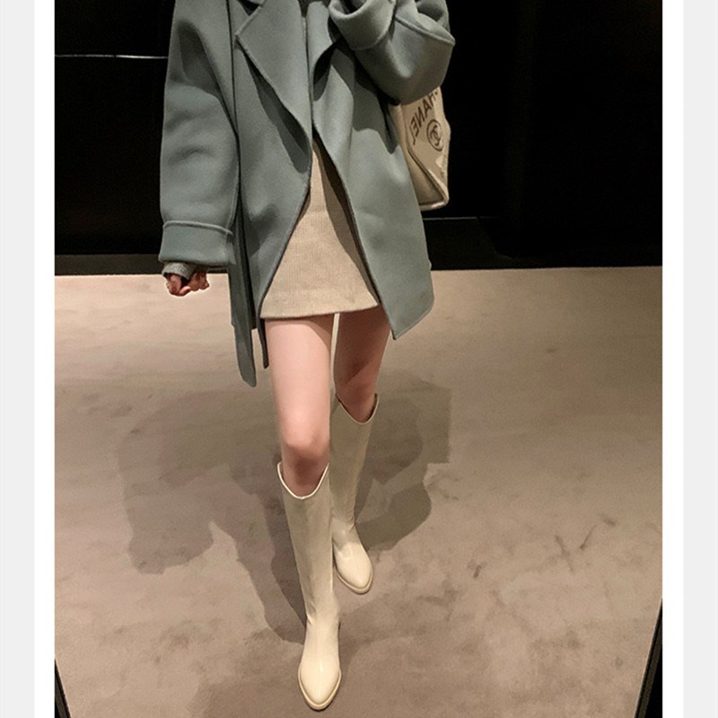 v口长靴女尖头小个子150不过A膝高跟西部牛仔靴子高筒长筒骑士靴