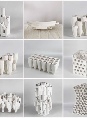 现代简约白色手工创意几何陶瓷方管巢形花器酒店样板间桌面装饰品