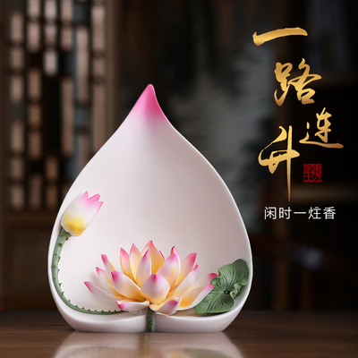 一路连升陶瓷莲花摆件 手工瓷花中式客厅玄关佛前装饰工艺品