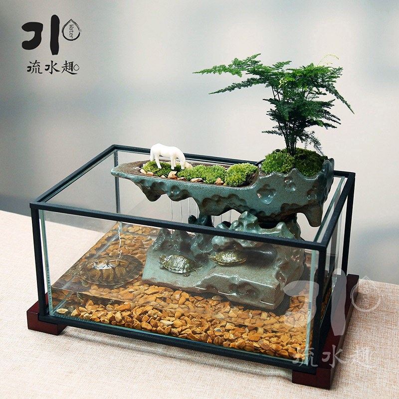 流水循环水摆件玻璃乌龟缸鱼缸家用带晒台别墅饲养缸生态盆造景