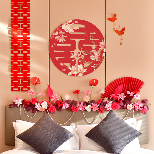 床头仿真花结婚婚房布置装饰花藤摆花新房卧室沙发婚庆彩绘喜字KT