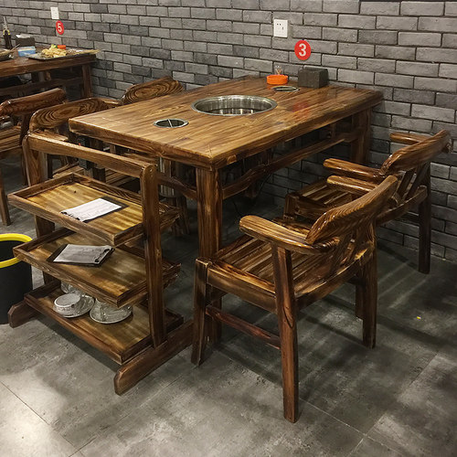 厂家直销仿古雕花串串实木大理石火锅桌椅实木火锅店餐馆饭店