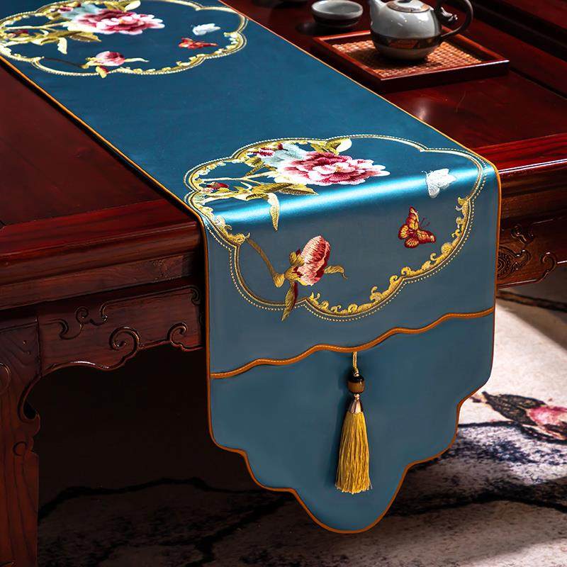 桌旗中式禅意茶旗刺绣茶席新中式茶几垫布餐桌茶桌垫布艺长条定制