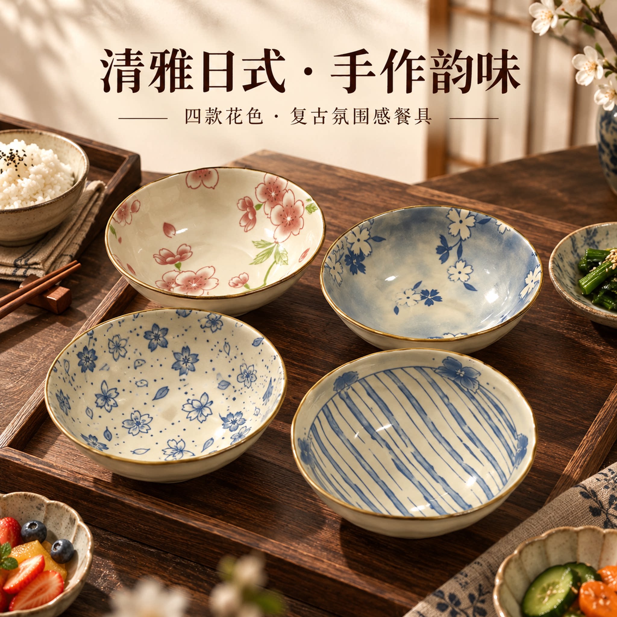 向尚清雅复古风家用陶瓷米饭碗汤碗手作家用高颜值花色氛围感餐具