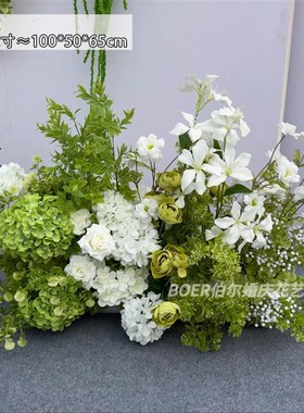 新款地排花白绿色仿真花森系婚庆背景布置路引花订婚花艺T台摆件