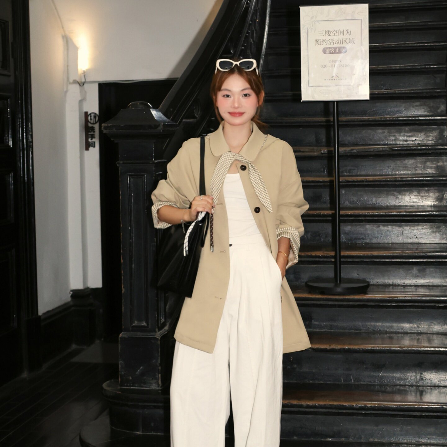 甜酷设计感格纹拼接风衣外套女春秋2025新款韩系宽松chic卡其801