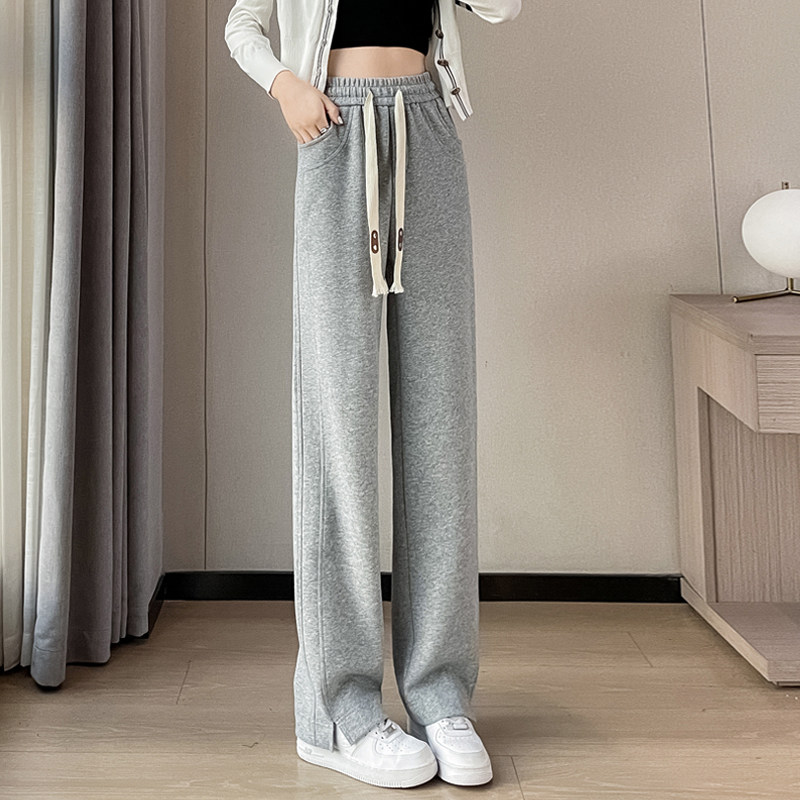 直筒运动裤女春秋休闲 厚棉裤宽松小个子秋冬加绒窄版阔腿裤黑色