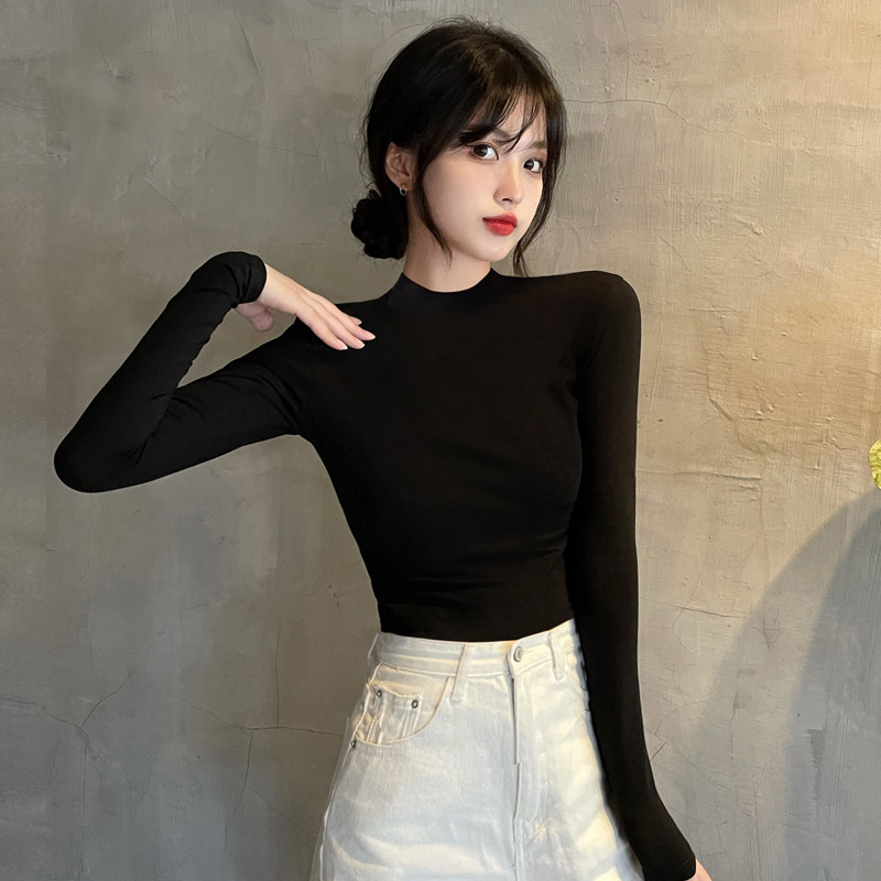 莫代尔黑色半高领打底衫女内搭2025新款长袖薄款T恤春秋中领上衣