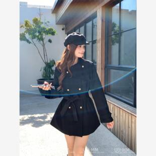 蓝色星球女装名媛黑色风衣女网红爆款小个子韩系中短款外套连衣裙