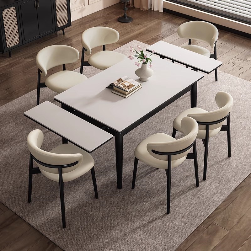 覆古风岩板餐桌可伸缩折叠实木餐桌椅组合小户型简约.长方形饭桌