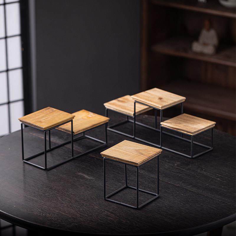 实木小号博古架子迷你桌面置物架茶几摆件底座铁艺工艺品方格子台