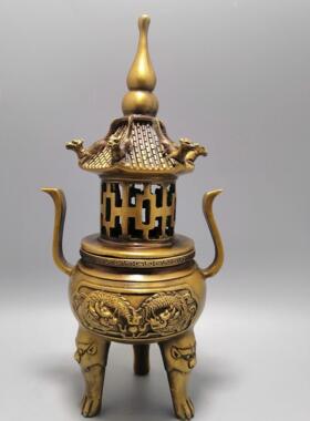 纯铜塔炉仿古炼丹炉双龙戏珠熏香炉象炉家居三体香薰用品大号黄铜