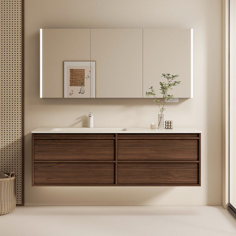 中古风胡桃木色浴室柜奶油色热弯岩板一体盆洗漱台洗脸盆