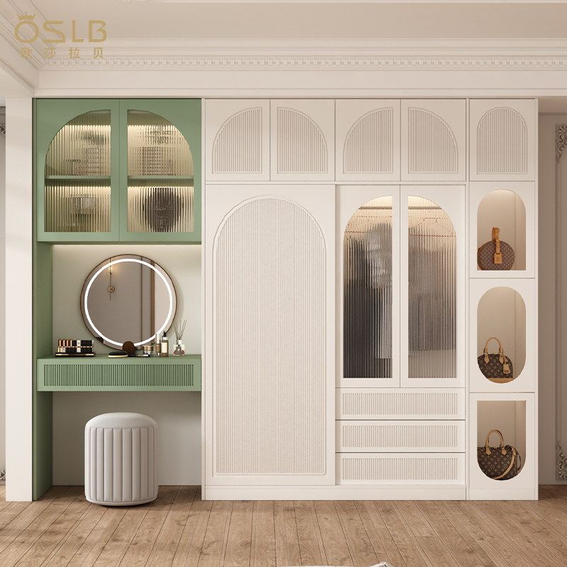 法式推拉门衣柜家用卧室轻奢现代奶油风2023年新款大衣橱带梳妆台