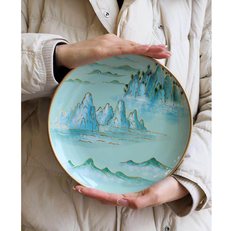 新中式陶瓷装饰坐盘家用摆盘客厅电视柜装饰盘子工艺品摆件青绿,家居饰品,装饰坐盘/挂盘,淘宝优惠券,粉丝福利购,淘宝优惠卷