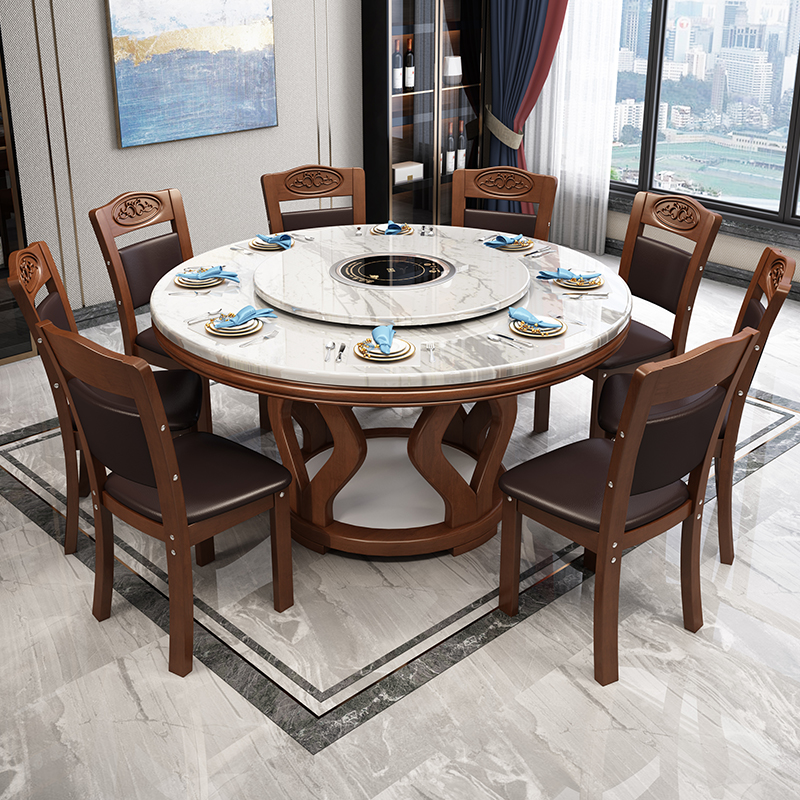 新中式大理石全h实木餐桌椅组合家用小户型圆形吃饭桌岩板现代简