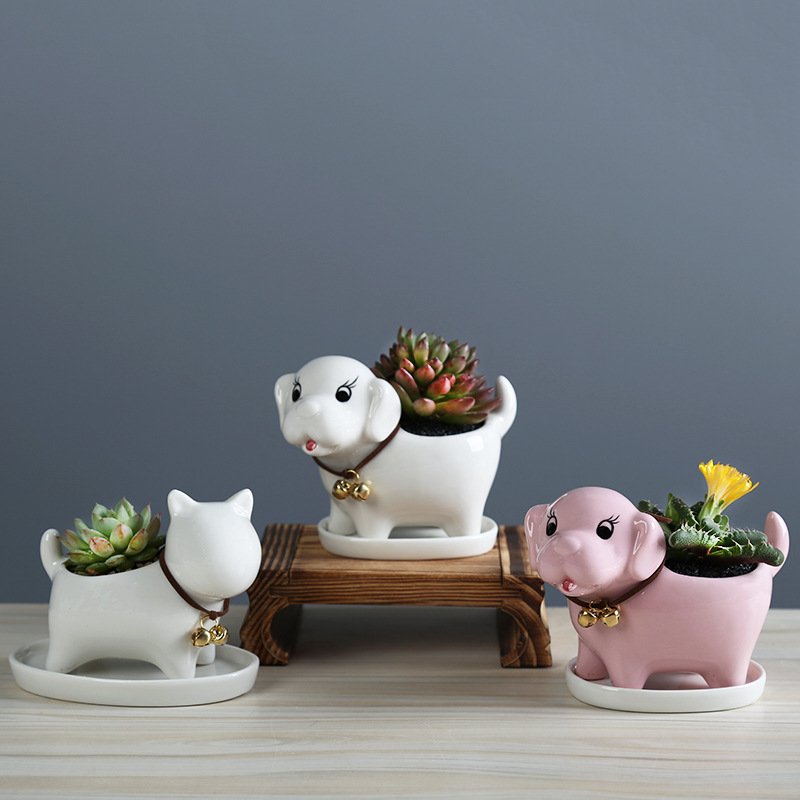 欧式简约卡通小狗多肉花盆陶瓷创意园艺桌面植物容器家庭装饰摆件
