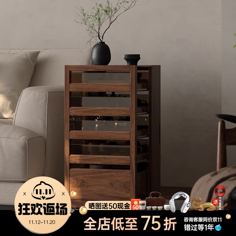 实木可移动沙发边柜客厅黑胡桃木展K示柜茶桌煮茶茶台茶水柜