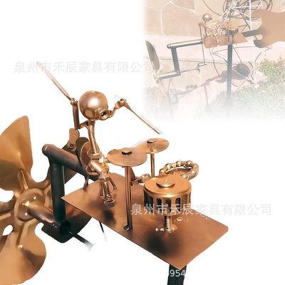 鼓手风车花园装饰，手工制作的金属打击乐风车雕像装饰，岩石艺术