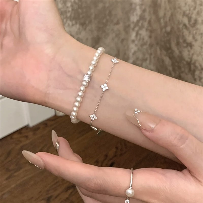 不掉色通体s925银珍珠手链组合 闺蜜手链高级2P025新款百搭手饰女