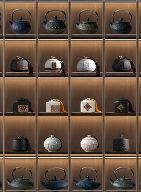 新中式高级感茶室茶柜博古架装饰茶道茶壶铁壶茶叶罐复古艺术摆件