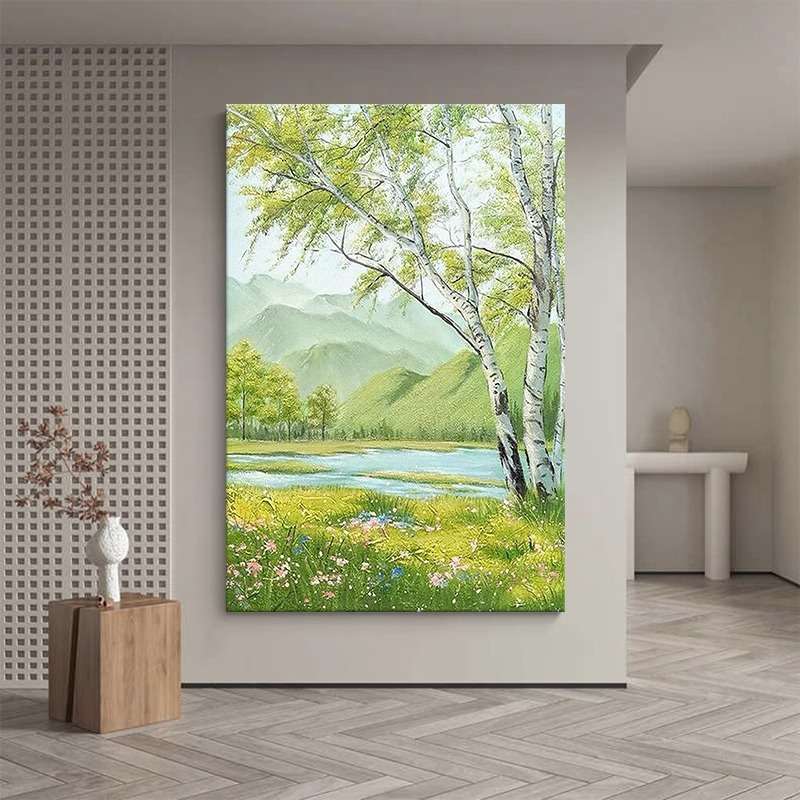 白桦树山水风景客厅装饰画意式纯手绘油画玄关挂画正对门入户壁画