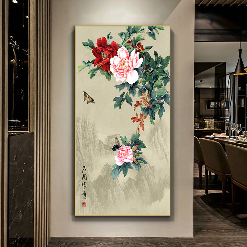 牡丹花鸟竖版装饰画新中式入户玄关过道背景墙面挂画X花开富贵壁图片