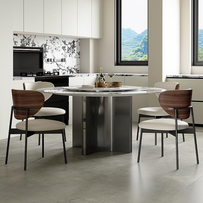 亮光岩板餐桌圆桌带转盘不u锈钢圆形小户型高端家用岩板餐桌圆桌