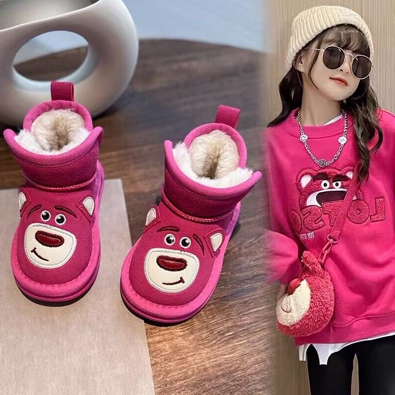 草莓熊女童雪地靴2023冬季宝z宝棉鞋卡通儿童鞋子短靴东北防滑防