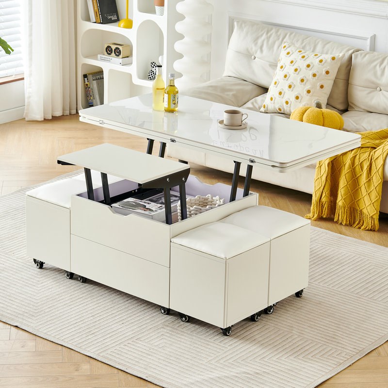 奶油风多功能茶几小户型原木色可移动储物升降茶几餐桌两用带凳子