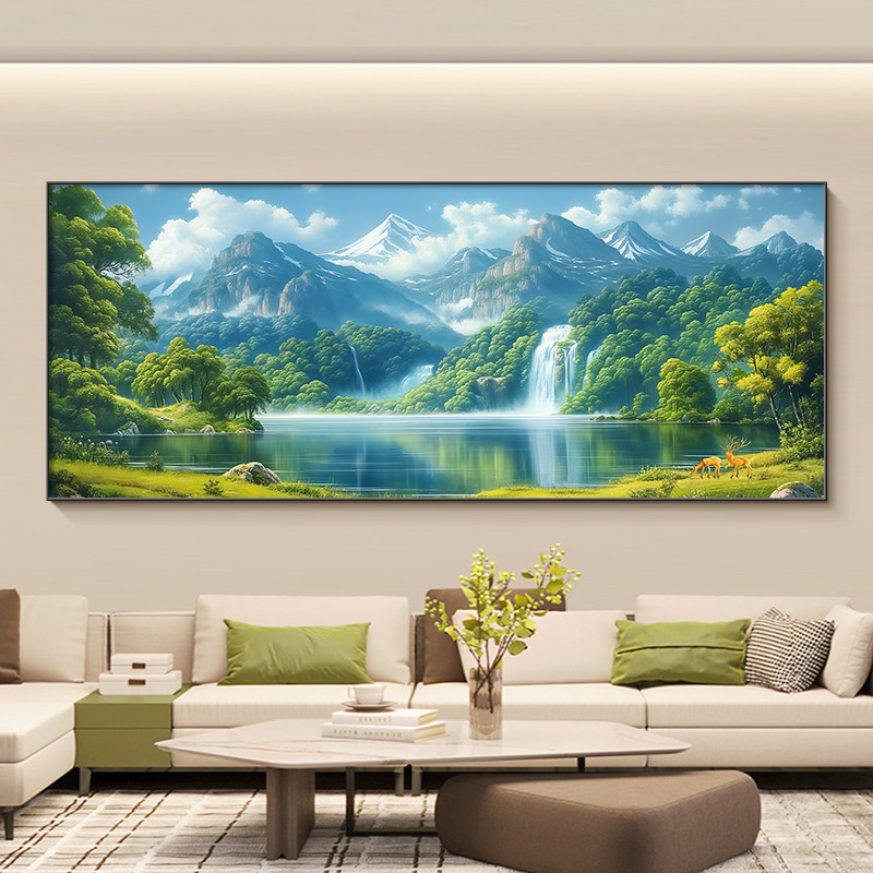 青山绿水客厅挂画聚宝盆山水画现代简约西墙聚财沙发背景墙装饰画