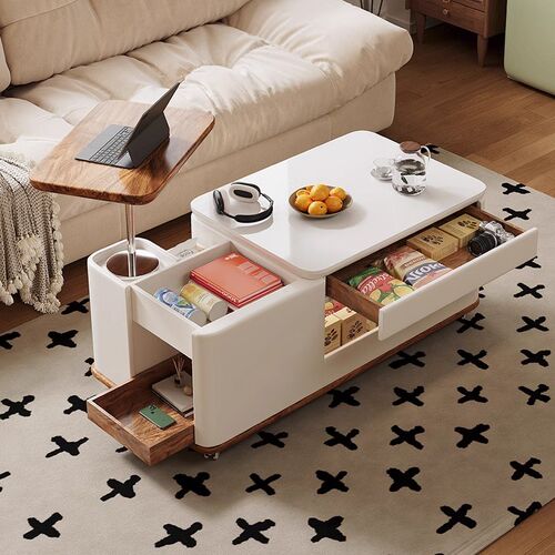 实木茶几小推车多功能中古风小户型升降岩板边几餐车阳台茶桌