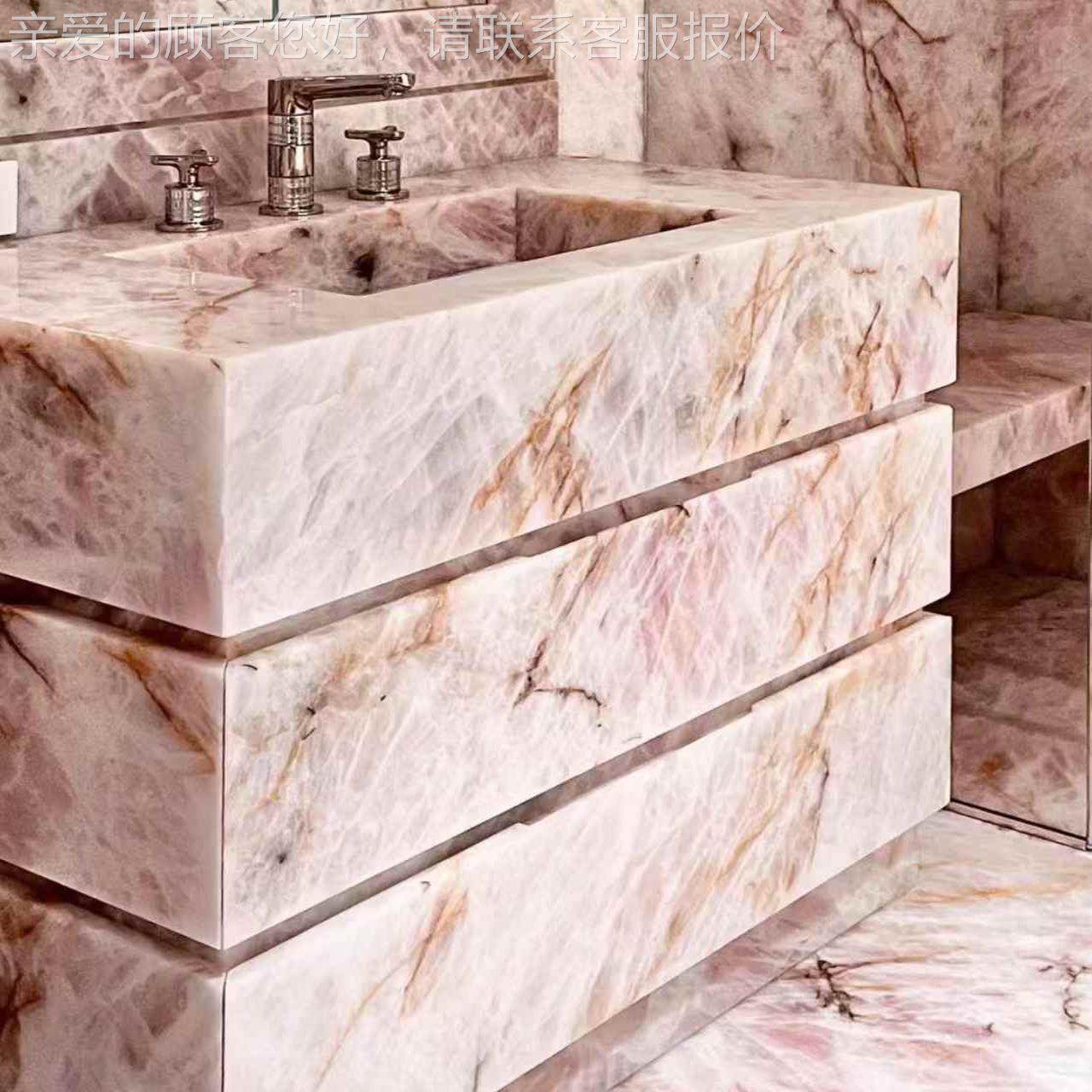 水晶无品牌/奢石洗手台背 景粉墙大台面天然理石轻奢餐桌茶几石材