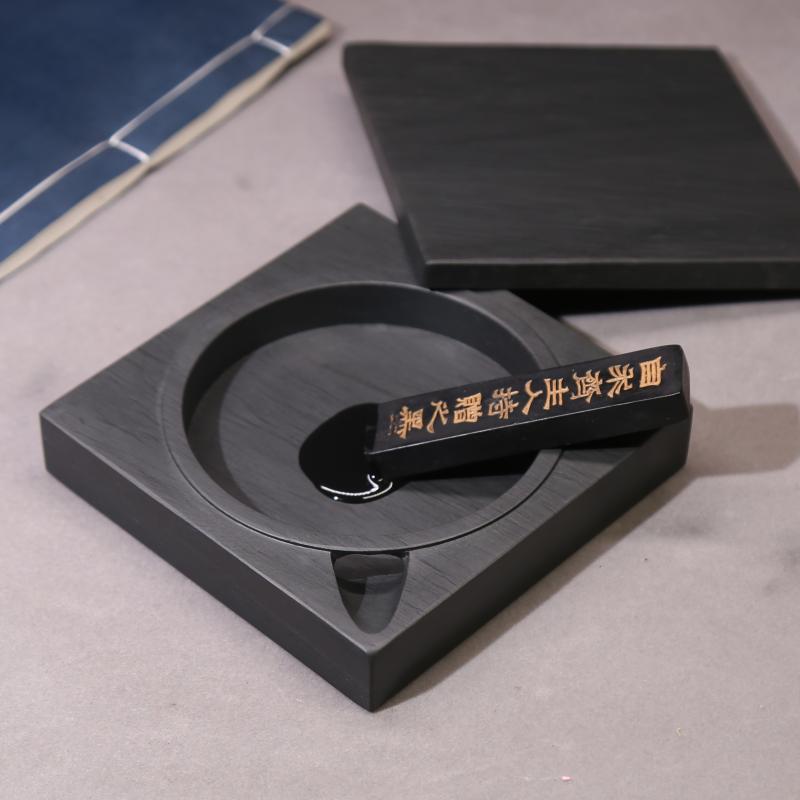 歙砚水波纹五寸经典传承款式砚台 天圆地方 原石砚台龙尾砚带盖学