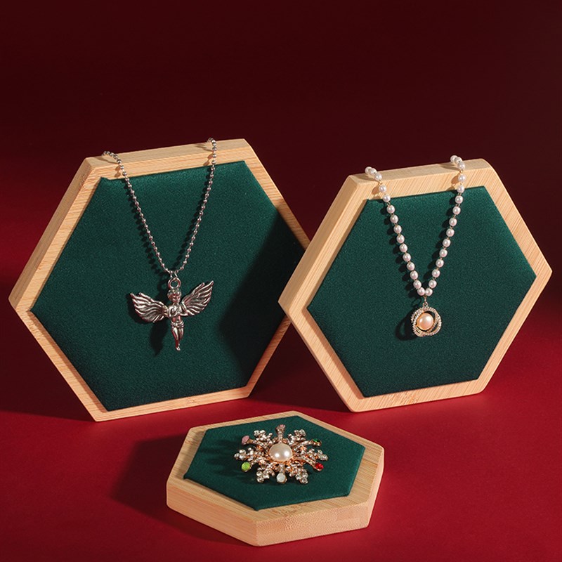 竹木饰品展示台三件套创意六边形首饰展示盘珠宝陈列摆放置物架托