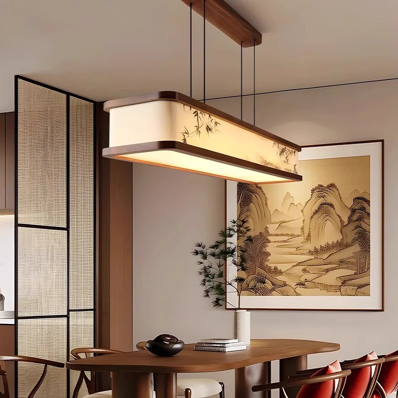 宋代美学中式简雅饭厅吊灯实木长方形设计师吧台茶室餐饮店饭桌灯
