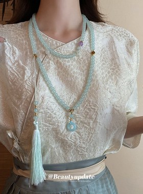 古风禅意青蓝琉璃流苏项链新中式淡雅压襟侧身链爆款马面裙配饰女