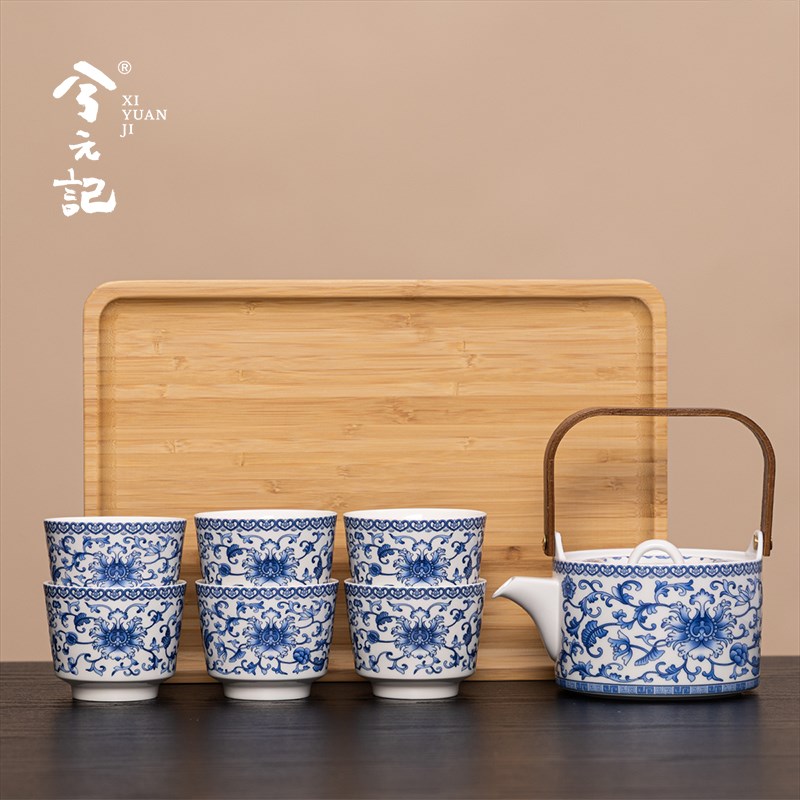 青花羊脂玉瓷提梁壶陶瓷泡茶壶家用冷水壶冷水壶整套功夫茶具套组