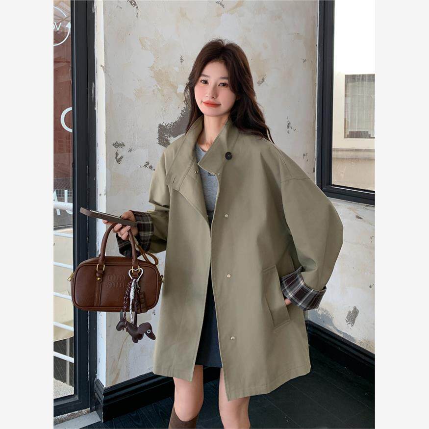 格子拼接美式风衣外套女春秋2025新款韩版宽松斗篷式大衣爆款流行