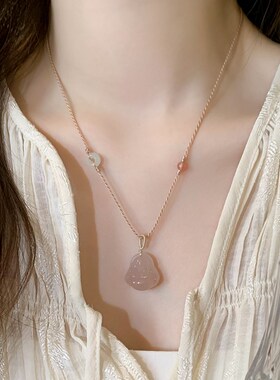 新中式小众粉色佛公玉髓吊坠项链女平安扣编绳锁骨链2025新款颈链