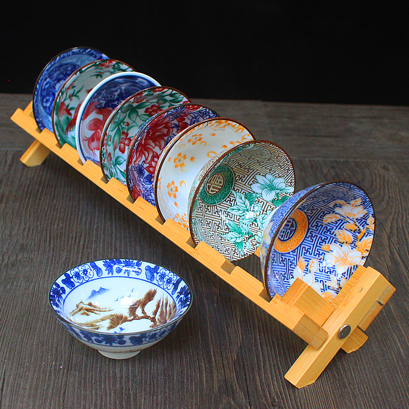 青花瓷斗笠杯9个茶杯带沥水杯架大号陶瓷功夫茶具品茗杯复古茶盏