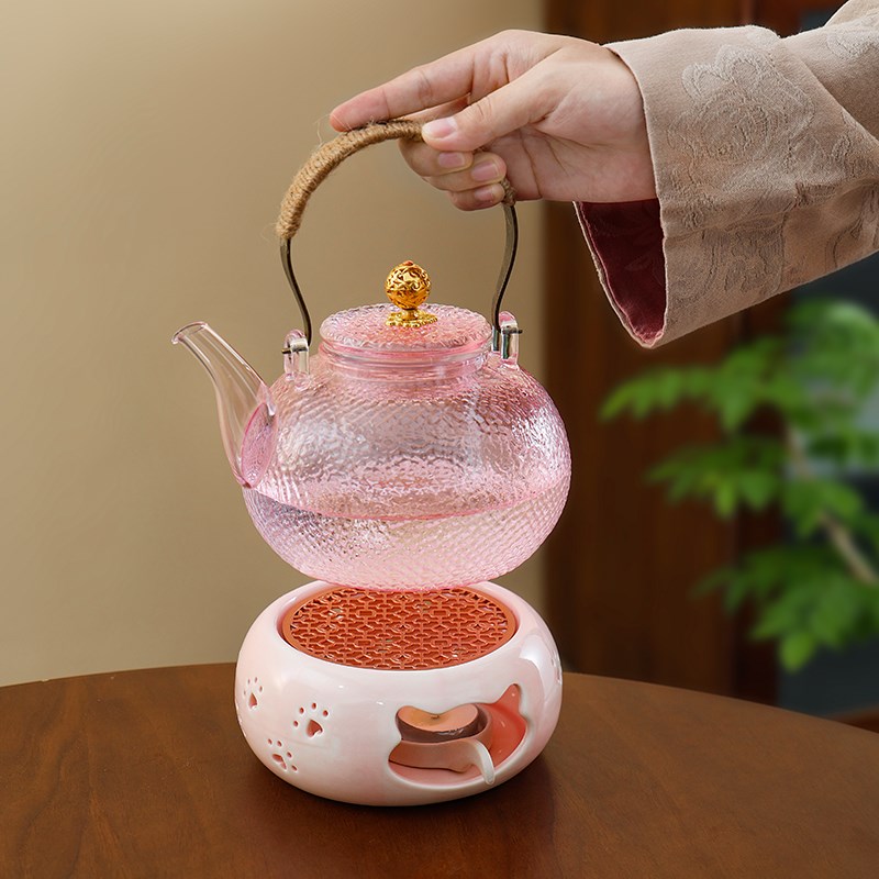 耐热玻璃水果花茶壶套装2025新款煮茶壶蜡烛加热养生粉色茶具套装