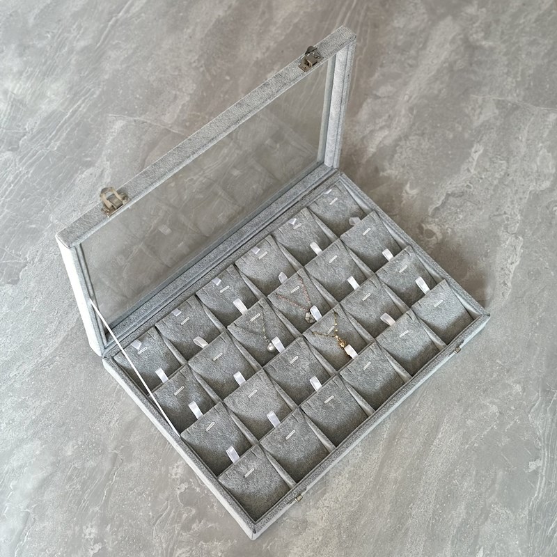 灰色玻璃盖大号丝绒珠宝首饰盒手镯眼镜箱戒指耳钉耳坠手链项链盒