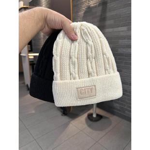 针织帽女秋冬保暖加绒套头护耳帽CITY字母贴布麻花防寒厚款 毛线帽