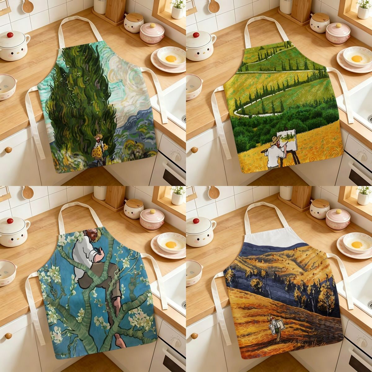 艺术油画风棉麻围裙家用防油可调节男女通用厨房做饭围裙