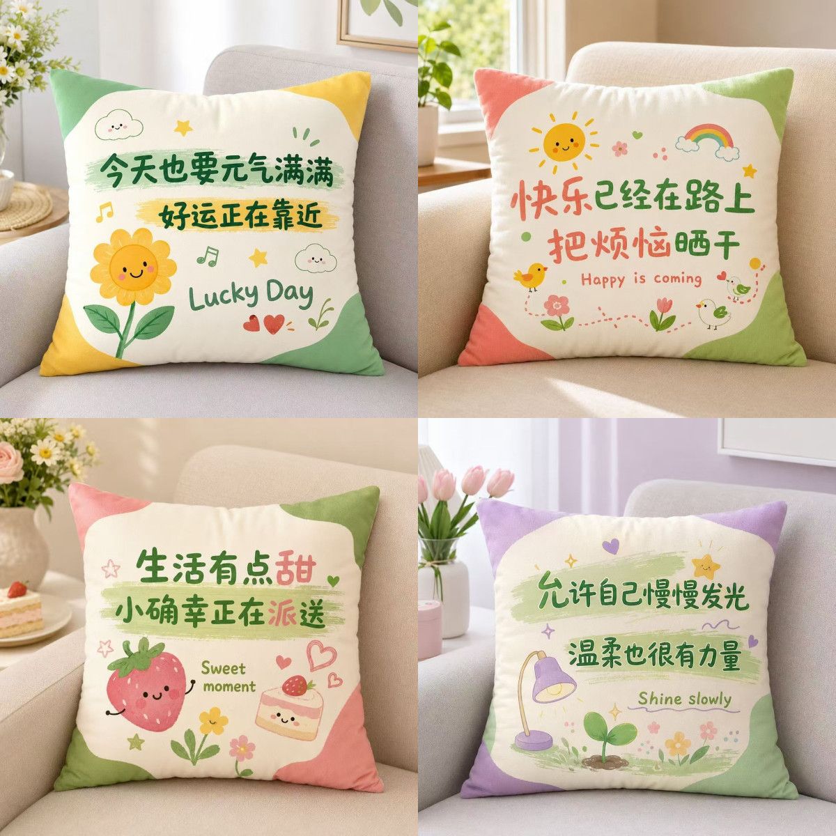 治愈系文字卡通短毛绒沙发抱枕靠垫套宿舍卧室女生礼物枕套含芯