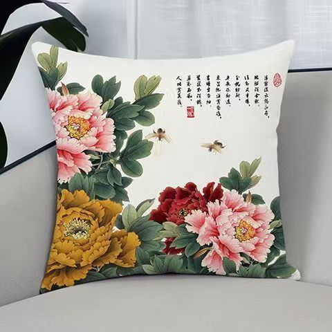 抱枕新中式红木沙发靠垫客厅茶室富贵牡丹古典可拆洗枕套