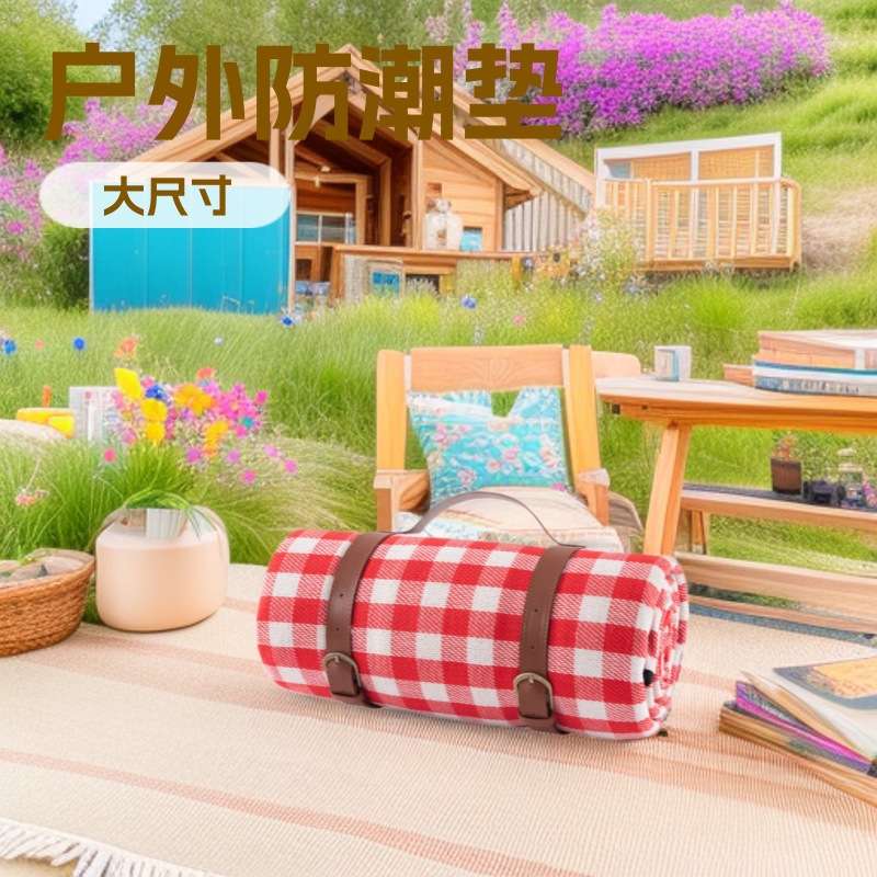 野餐垫红白格腈纶防潮垫便携户外皮革拎手 郊游爬行垫露营垫