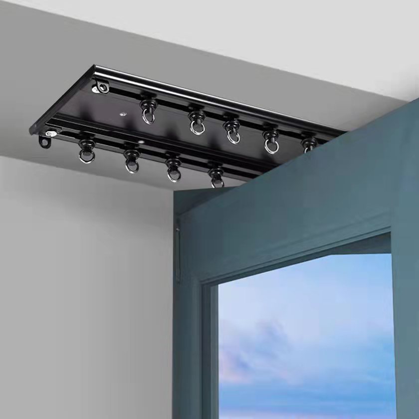 尚格超薄连体双轨窗帘p轨道静音黑色内开窗飘窗直轨隐形滑轨顶装