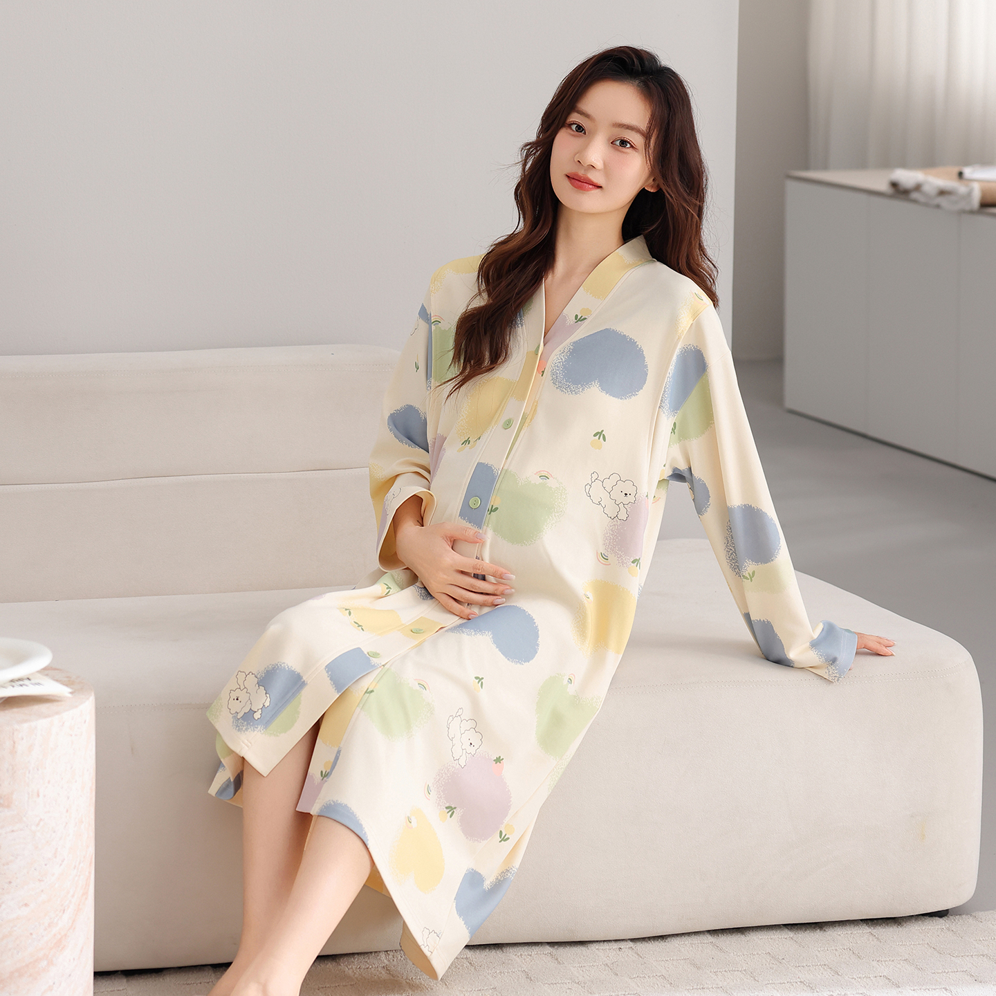 带胸垫月子服睡裙开衫长袖纯棉女